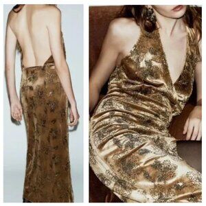 ZARA FESTIVE DAYS Open Back Fully Lined Halter Velvet And Floral Sequin Dress